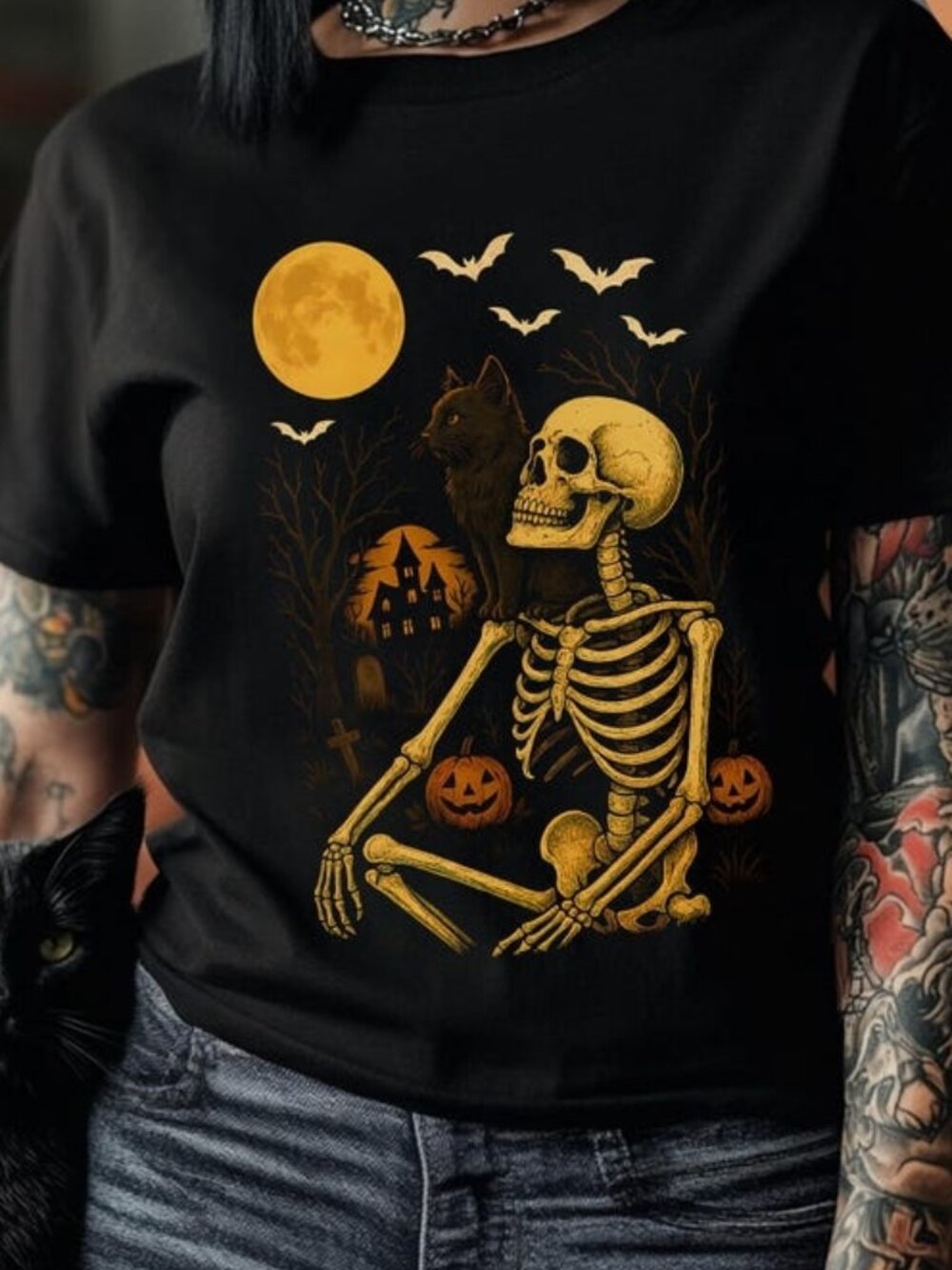 Skeleton Cat Graveyard T-shirt, Gothic Halloween Cat Tee